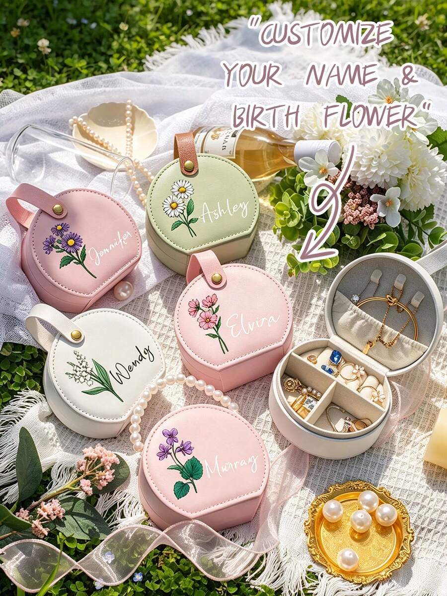 Custom Hand-Painted Style Leather Jewelry Box, Personalized Name Bridesmaid Jewelry Box, Birth Month Floral Jewelry Travel Storage Box, Bridesmaid Gift, Customized Small Gift, Multi-Functional, Decorative, Reusable, Exquisite, Fashionable