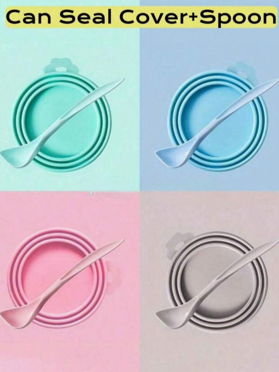 1SET /2SET Pet Can Lids Three-In-One Food Sealing Lids Universal Spoon Set Food Preservation Silicone Lids Pet Cat Dog Food Silicone Can Lids Food Spoon Set Suitable For Various Pets - Multicolor - View 1