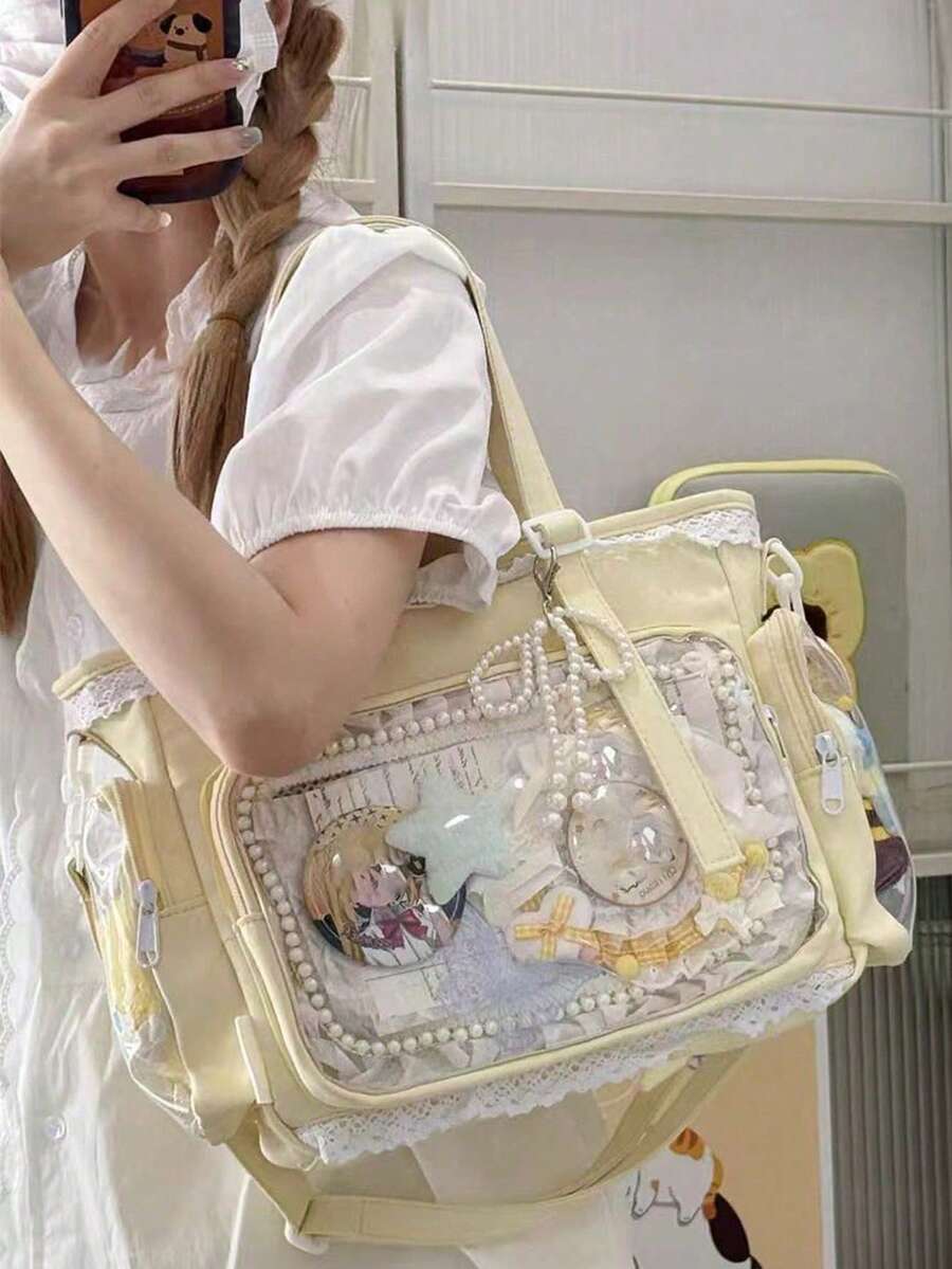 1件日式可愛少女風軟萌美學百搭女款單肩包，珍珠蝴蝶結與蕾絲飾邊展現精緻優雅，動漫JK展DIY透明裝飾包，雙側口袋透明層日常休閒大容量托特包，學生書本攜帶輕便托特包，可愛甜美風格高吸引力斜挎包，尼龍材質防水面料，Ita Bag展示動漫周邊，學生課堂通勤包，參加漫畫展、購物、聚會、旅行
