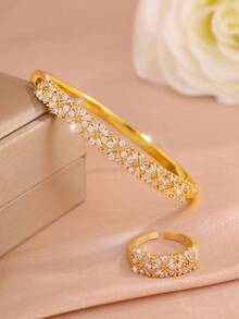 rakol 2pcs/Set Luxury Gold Flower Zirconia Inlaid Silver Bracelet & Ring Set - Gold Flower - View 3