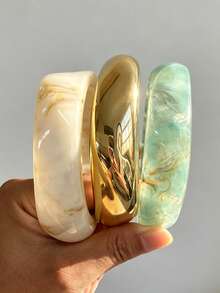 3/1pc Elegant Minimalist Vintage Style Multicolor Resin Marbled And Gold CCB Asymmetrical Bangle Bracelet, Suitable For Women's Daily, Vacation, Party Wear And Gifting - Multicolor - View 1