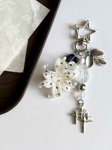 1Pc Y2k Flower Star Beaded Keychain Leaf Charm Metal Bag Pendant Fashion Handbag Accessory Gift Ornament - Multicolor - View 4