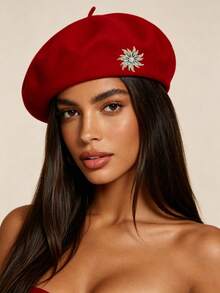 1pc Autumn/Winter Warm Knitted Faux Wool Solid Color Rotating Sunflower Women's Beret Hat, Fashion Simple Versatile Casual Vintage Painter Hat - Multicolor - View 7