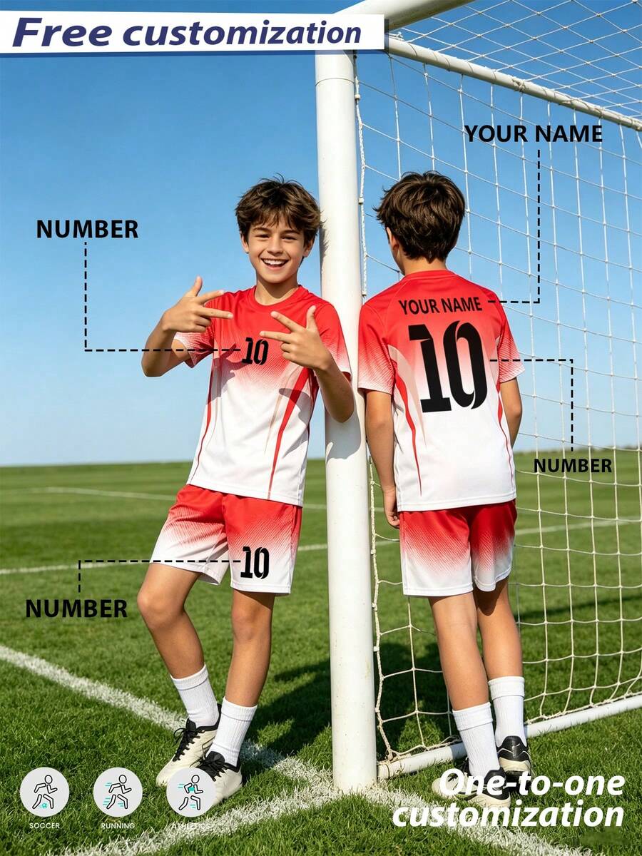 [Customized]Personalized Name Customization, Number Customization Star Style Jersey Red Boys Girls Casual Football Uniform Set -Round Neck-Short Sleeve And Shorts Sports Set