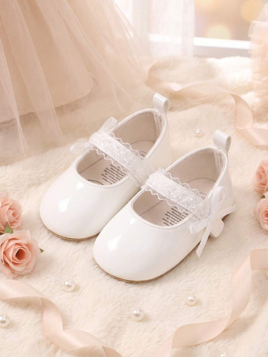 1 Pair Girls Solid Color Bow PU Hook & Loop Design Soft Sole Non-Slip 0-18 Months Infant Shoes Elegant Princess Style Shoes Suitable For Spring And Autumn - White - View 1