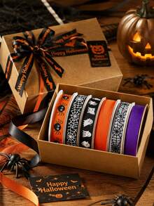 1/3/6 buah Pita Halloween, Pita Satin Hantu Panjang 9m Lebar 1cm Warna Hitam & Oranye, Motif Jaring Laba-laba Hantu Laba-laba, Pembungkus Kado, Perlengkapan Kerajinan Halloween, Dekorasi Pesta Hantu - Beraneka warna - View 1