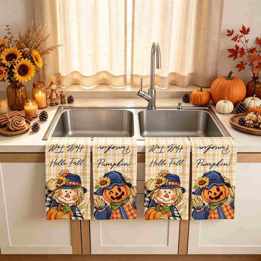 2/4/48pcs Halloween Series Scarecrow Pumpkin Pattern Printed Kitchen Towels - Ultra Soft, Highly Absorbent Polyester Tablecloths And Hand Towels, Perfect For Holiday Decor, Kitchen Decor, Party Decor.