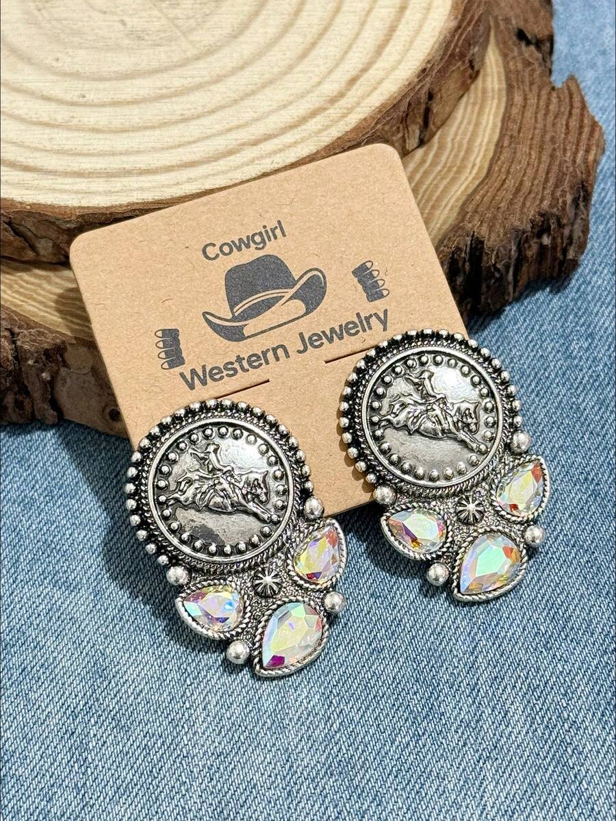 Women's European And American Bohemian Vintage Style Western Country Colorful Rhinestone Earrings, Suitable For Daily Wear, Dates, And Theme Parties, You'll Get Lots Of Compliments From Friends When Wearing Them