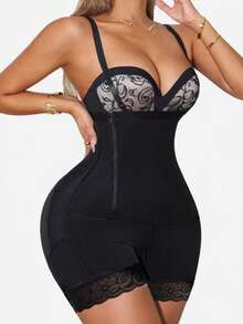 1pc One-Piece Shapewear, Waist Cincher & Butt Lift, Side Zipper Deep V Design, Suitable For Daily Wear, Sports & Fitness Black Fall - Black - View 2