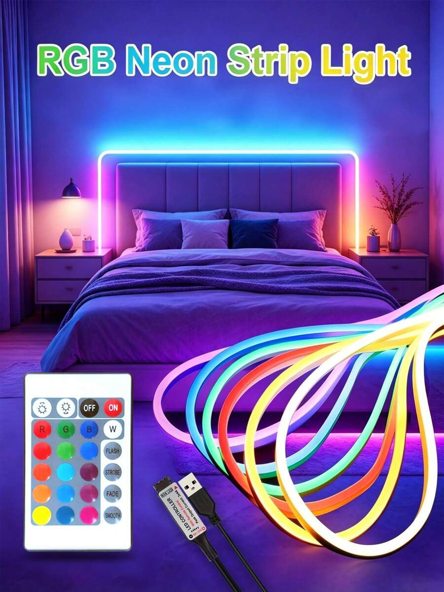 1pc RGB Neon LED Silicone Flexible Light Strip, With 24-Key Remote Control, Dimmable And Color Changing, Suitable For Indoor And Outdoor Christmas Decoration, USB LED Light Strip For Living Room, 1m 5m 10m, 5V Remote Control Light For TV Background Lighting RGB Night Light