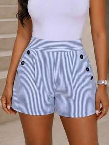 AIJ Women's Casual Blue Striped Shorts, Non-Stretch Woven Fabric, Ruched Design, With Functional Pockets, Short Length Summer - Blue and White Stripes - View 1