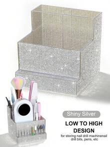 1pc Rhinestone Luxury Nail Tool Storage Organizer Box, Multi-Slot Nail Accessory Storage Container, Holds Nail Drill, Nail Files, Nail Brushes, Nail Drill Bits, Suitable For Nail Studio, Home Nail Desk Decoration Storage Rack - Multicolor - View 10