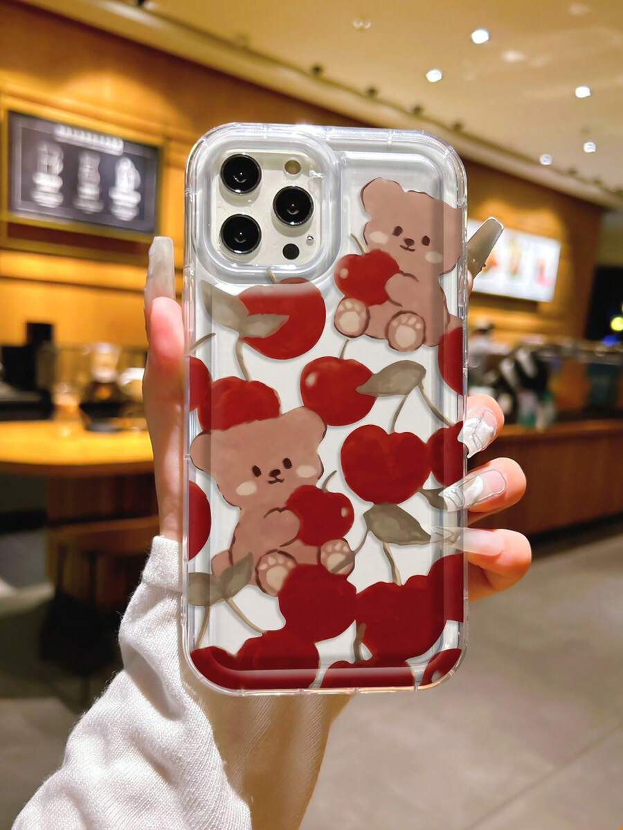 紅色櫻桃熊圖案透明全包覆軟手機殼,適用於 iPhone 17/16/15/14/13/12/11/14Pro/ProMax/X/XR/XS/XSMAX/15promax/17promax 及其他機型,時尚手機保護殼 - 無色 - 查看 1
