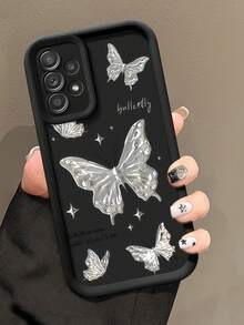 1 buah Casing Ponsel Motif Kupu-kupu Perak, Bingkai Kulit Hitam, Pelindung TPU Lembut Tahan Guncangan, Kompatibel dengan Ponsel GALAXY, HONOR, - Hitam - View 4