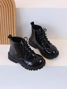 1 Pair Children's Shiny Leather Lace-Up Ankle Boots, Thick Sole, Fashionable Versatile Outdoor Wear, Anti-Slip, Autumn/Winter - Black - View 3