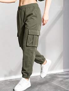 1 buah Celana Jogger Kasual Lurus untuk Remaja Perempuan dengan Saku, Musim Semi/Gugur/Dingin, Pakaian Olahraga - Hijau Tentara - View 3