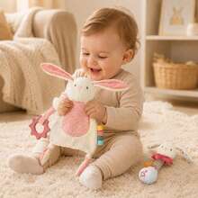 2Pcs Cute Rabbit Baby Comfort Gift Set, Soft Plush Bunny Security Lovey Blanket & Bead Hand Shaker Rattle, Infant Sensory Calming Toy, Ideal Newborn Shower Gift - Multicolor - View 4