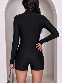 Women's Solid Color Long Sleeve Zip-Up Jumpsuit Black - Black - View 2
