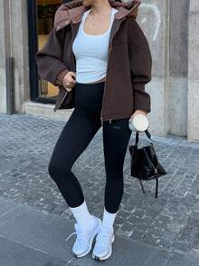 Women's Vintage Dark Casual Fashion Versatile Modern Jacket With Zipper Pockets, Hooded Colorblock Top For Daily Wear, Vacation And Back To School - Coffee Brown - View 3