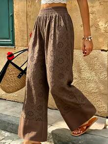 Women's Boho Brown Woven Fabric Straight Leg Pants With Embroidery Pockets Semi Sheer Non Stretch Home Vacation Spring Autumn Winter - Brown - View 7