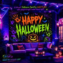 2D Flat 1-Piece QD_VIVIOS Halloween Pumpkin, Skull, Bat, Spider Web Graffiti Print Blacklight Tapestry, UV Reactive Fluorescent Wall Hanging - Rose Red - View 1