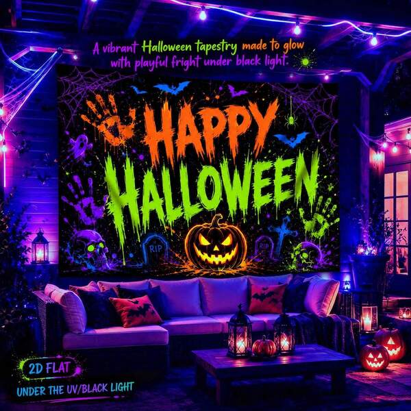 2D Flat, 1pc QD_VIVIOS Halloween Pumpkin, Skull, Bat, Spider Web Graffiti Print Blacklight Tapestry, UV Reactive Wall Hanging, Fluorescent Wall Tapestry