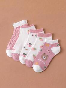 5 Pairs Women's Cute Cartoon Bear Strawberry Cherry Short Socks, Hollow Floral Letter Tube Socks, Comfortable Soft Short Socks, Cute Korean Style Sweet Casual Socks, Suitable For Spring And Summer Wear. - Multicolor - View 5