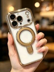 Luxury Electroplated Magnetic Phone Case Compatible With IPhone 17 16 15 14 13 Pro Max 17Pro Magsafe Stand Base Transparent Protective Shell - Mustard Yellow - View 3