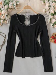 Autumn/Winter Korean Sweet Casual Style Butterfly Backless Knit Sweater Women's Large Scoop Neck Contrast Color Slim Fit Base Layer Top, New Black - Black - View 9