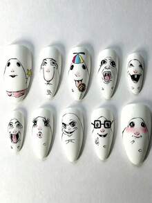 30pcs Funny Cartoon Face Black & White Line Art Design Medium Length Almond Shaped Press-On Nails, Suitable For Girls And Women For School Activities, Theme Parties Or Outings To Create Unique Nail Looks - Multicolor - View 1