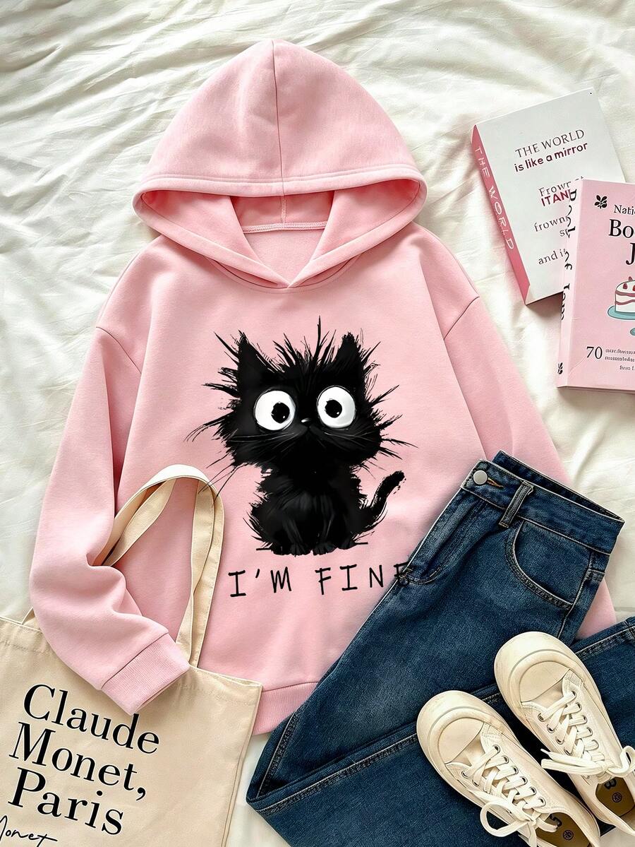 Teen Girls Fashion Black Cat Pattern Loose Long Sleeve Sweatshirt, Girl's Pink Sweatshirt, Suitable For Autumn And Winter Wear, Campus Style Back To School Outfit. - Pink - View 1