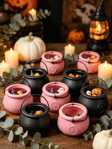 6pcs Mini Witch Cauldron With Handle, Pink & Black Halloween Small Candy Bucket, Trick Or Treat Pot, Tabletop Decor, Party Favor Container, Halloween Miniature Prop For Home Party Decoration - Multicolor - View 3