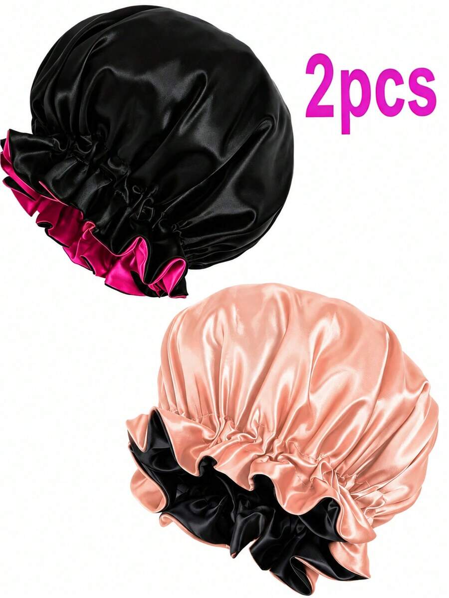 CONFLASS 2/1 Stück elegante atmungsaktive Satin-Schlafmütze, elastische Duschhaube, doppellagiger Rüschenrand, Damen-Seidensatin-Schlafmütze, Damen-Accessoire für die Schulanfang-Saison