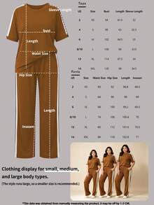 女款春/秋新款休閒兩件套，圓領拼色條紋短袖T恤搭配鬆緊腰寬鬆長褲 - 淺棕色 - 查看 6