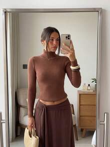 SEREN New Autumn/Winter Brown Turtleneck Women's Sweater, Slim Fit, Solid Color Vertical Ribbed Texture, Casual Top, Suitable For Daily Wear - Coffee Brown - View 3