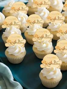 10/20pcs Gold Mirror Acrylic Birthday Cake Toppers, Birthday Party Cake Decoration, Cupcake Dessert Table Decor, Celebration Event Baking Accessories - A - View 2