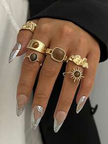 Random 6/16/23pcs Fashion Old Money Style Rings Set, Vintage Old Money Style Irregular Geometric Pattern Faux Tiger Eye Stone Colorful Rhinestone Oil Drop Heart Flower Rings, Stackable Knuckle Rings, New Autumn/Winter Accessories Jewelry, Women's Daily Wear, Date, Party, Versatile Accessories Jewelry, Perfect Gift For Birthday, Female Friends, Halloween, Christmas - Yellow Gold - View 5