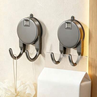 1pc,Suction Cup Double Hook, Punch-Free Wall Mount Towel Hanging Hook, Removable Waterproof Dual Hooks For Bathroom, Kitchen & Entryway Storage