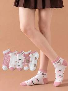 5 Pairs Women's Cute Cartoon Bear Strawberry Cherry Short Socks, Hollow Floral Letter Tube Socks, Comfortable Soft Short Socks, Cute Korean Style Sweet Casual Socks, Suitable For Spring And Summer Wear. - Multicolor - View 4