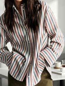 Women's Striped Button-Front Long Sleeve Collared Shirt, Regular Hem Long Top, Perfect For Autumn/Winter Wear - Misty Blue Bean Paste Pink - View 2