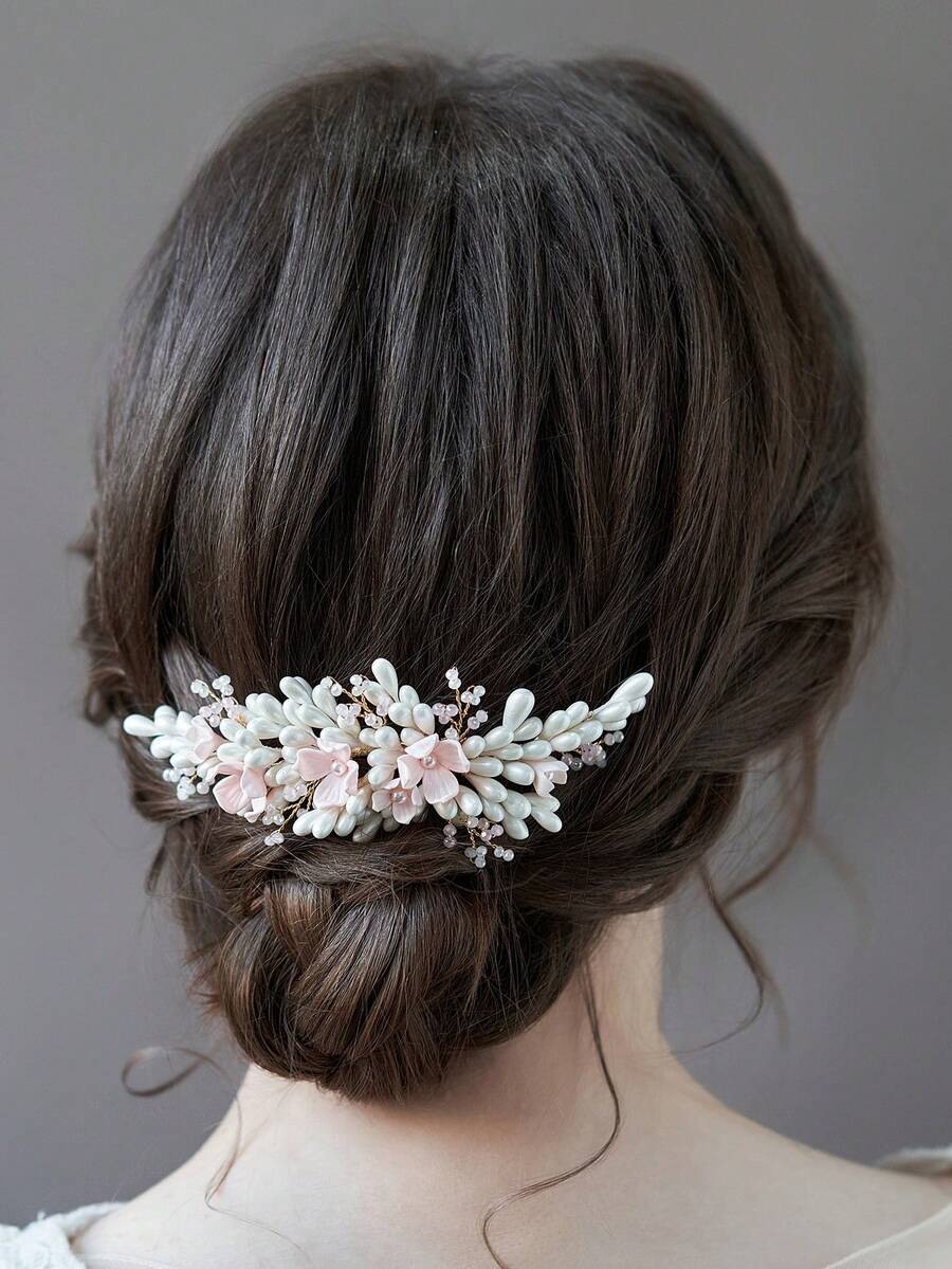 1pc Women's Plaster Flower Core With Rhinestone Leaf Pearl Crystal Bridal Hair Comb Headpiece