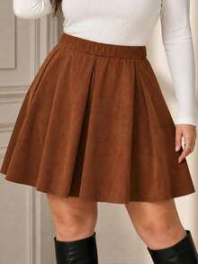 Rok Panjang Selutut Berlipit Model Mengembang dari Kain Tenun Ukuran Plus Gaya Vintage - Coklat - View 6