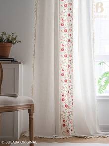 Bubaba Boho Floral Embroidered Sheer Curtain Panels With Tassel Trim, Linen-Look Semi-Sheer Window Drapes For Living Room, Bedroom And Farmhouse Home Decor - Beige - View 6