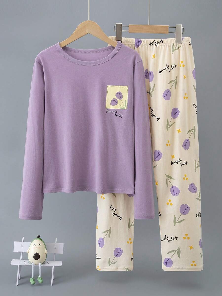 2pcs/Set Girls Long Sleeve Pants Pajama Set, Loungewear Set - Multicolor - View 1