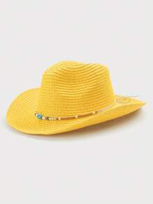 1 pieza Sombrero de vaquero de paja bohemio de unicolor, casual, protección solar, adecuado para todas las estaciones, unisex, versátil para el transporte - Sombrero con forma de lágrima - Ver 43