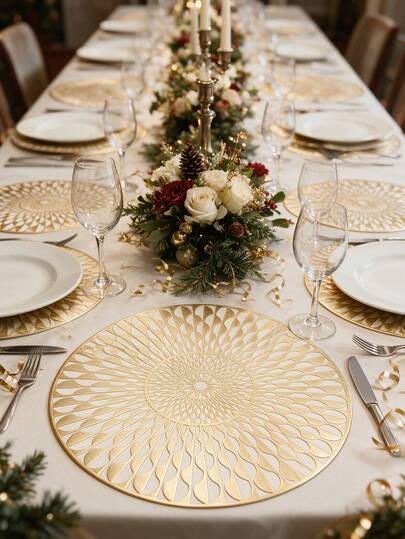 12pcs, Gold Round PVC Placemats, Waterproof And Oil-Resistant Table Mats, Washable And Odorless Decorative Mats, Non-Slip And Wear-Resistant Western Table Mats, Suitable For Restaurants, Cafes, Homestays, Fit For Festivals, Parties, Gatherings, Birthdays, Weddings, Dinner Parties.