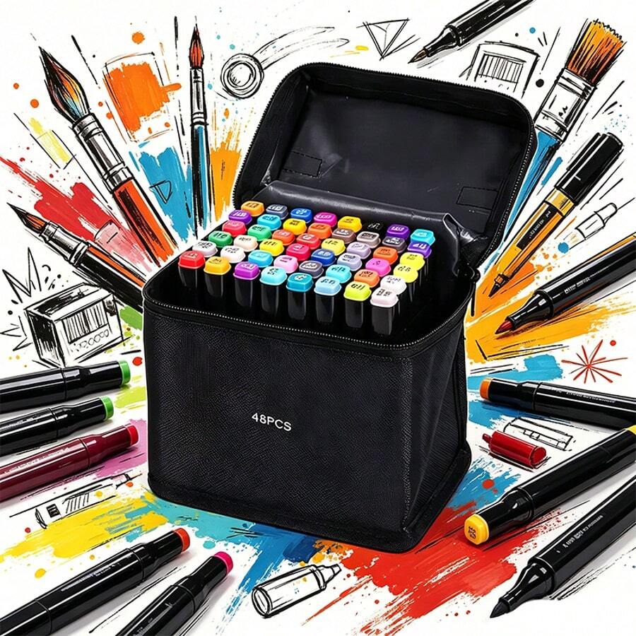 48-Color Dual-Tip Markers, Professional Fine And Chisel Tip Pens, Art Set With Portable Case For Drawing, Design, And Crafts - Black - View 1