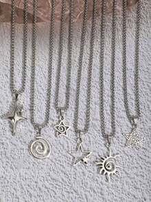 6pcs/1pc Men's & Women's Vintage Gothic Hip Hop Star Flame Spiral Sun Heart Pendant Stainless Steel Chain Necklace Set, Includes 6 Mixed European Baroque Cross Pendant Necklaces, Suitable For Christmas, New Year, Valentine's Day And Other Holidays - Silver - View 4