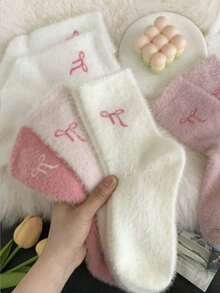1/3/5/6/10 Pairs Bowknot Pattern Fluffy Women's Thigh High Socks, Warm And Soft, Perfect For Autumn And Winter, Also An Ideal Gift. - Multicolor - View 2