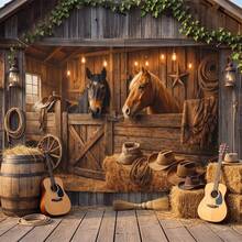 2D Flat Cowboy Horse Racing Theme, Vintage Stable Style, Includes Wooden Fence, Cowboy Hat, Haystack, Vintage Carriage Wheel, Suitable For Indoor And Outdoor Themed Events, Can Be Used As Wall Decor, Photo Backdrop, Home Decoration, Outdoor Party - 1 - View 12